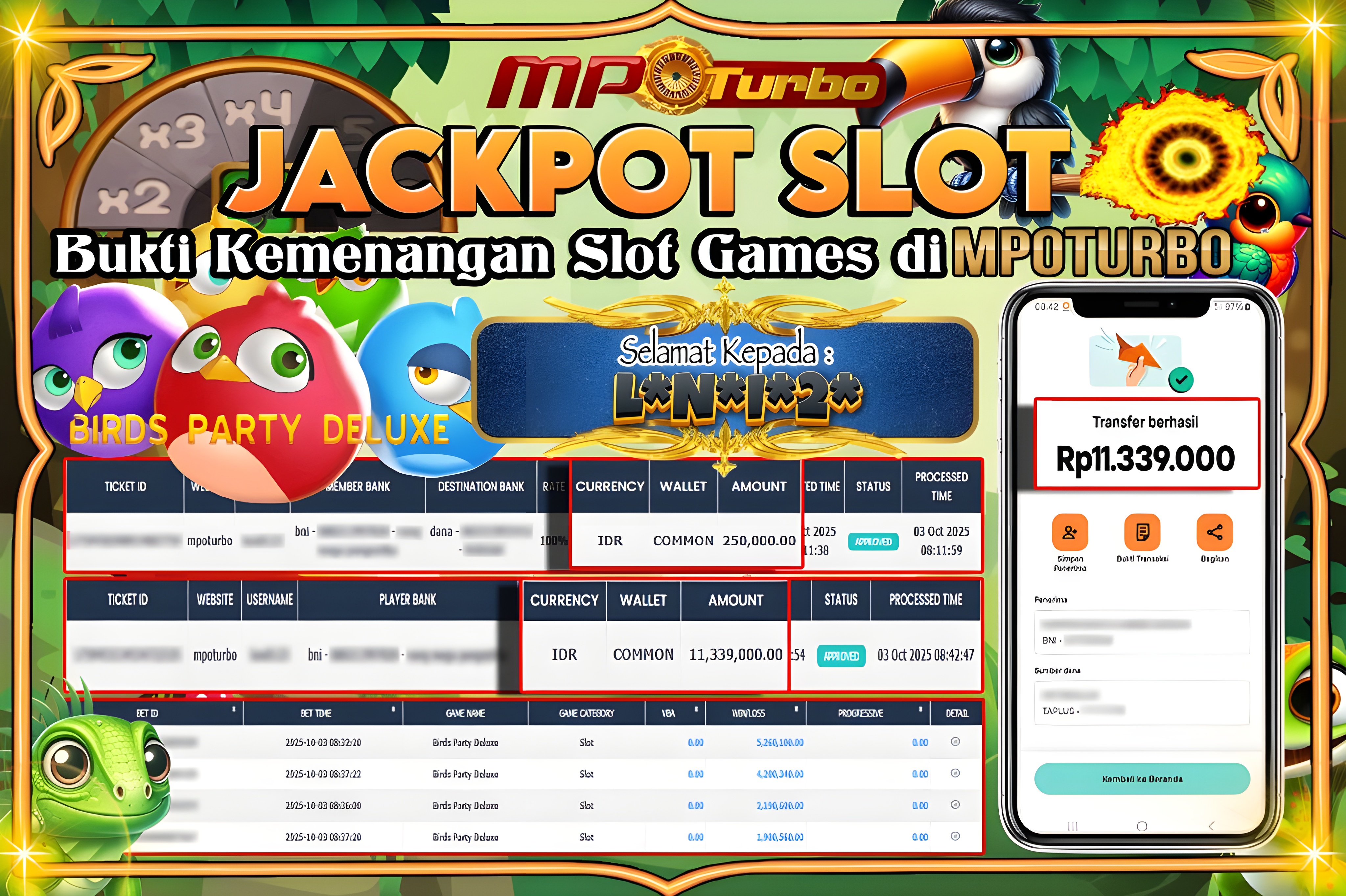 MPOTURBO JACKPOT SLOT BIRDS PARTY DELUXE - JDB Rp 11,399,000.00,- LUNAS